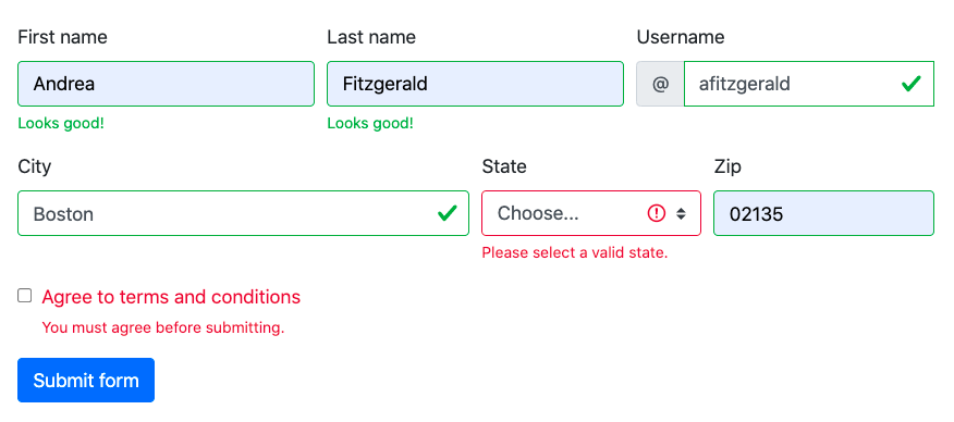 Bootstrap form validation style telling user to select a valid state and agree to terms and conditions before submitting the form